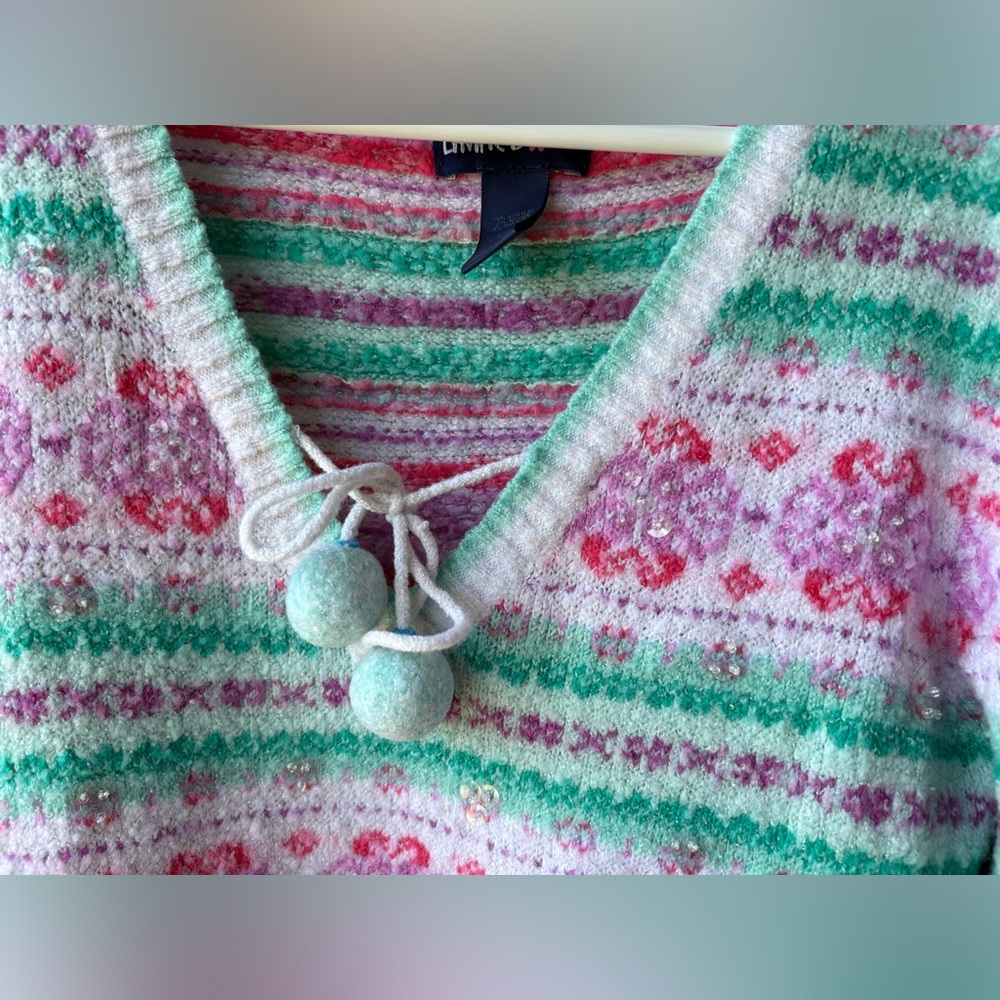 Limited Too Girls XS V Neck Sweater Beads Sparkles White Green Pink - Picture 4 of 7